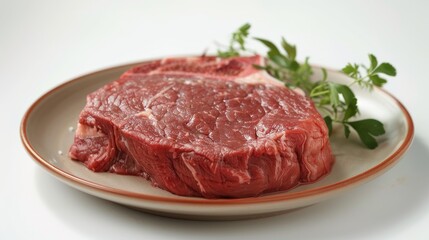 High-detail image of a camel steak on a plate, focusing on the texture and juiciness, perfect for high-end food advertising, isolated setting
