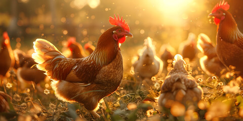 A animal hen for farming chicken bird. A chicken with a red head and a white tail stands in a field of flowers. A group of chickens are standing in a muddy area.



