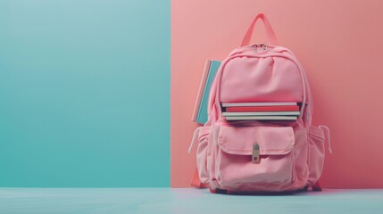 Close-up of a school backpack filled with books on a gentle pastel background, perfect for back-to-school themes, isolated