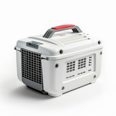 Fototapeta premium A white pet carrier with bright red handles on a plain white background