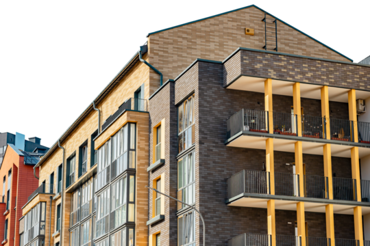 European highrise with modern condos, mortgage properties. Urban residential , outdoor balconies, multistory design. Investment in real estate, typical city housing complex.