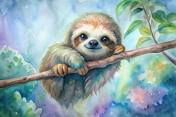 Naklejka premium A contented baby sloth hanging from a branch, portrayed in peaceful watercolors.