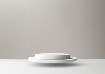 3D white podium rests on a white table and a beige minimalist scene background, Product mockup display