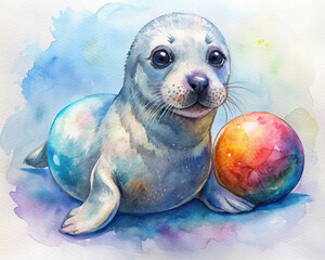 A playful baby seal balancing a colorful ball on its nose, watercolor style 