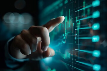 Digital Financial Data: Hand Interacting with a High-Tech Touchscreen Display. Male finger point to a chart on a screen. AI generative