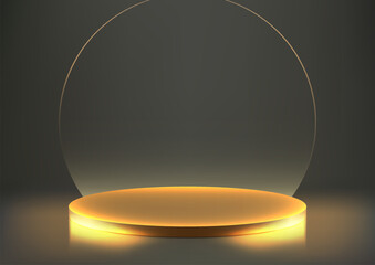 3D round gold color podium with a transparent glass circle backdrop on dark background