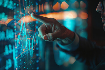 Digital Financial Data: Hand Interacting with a High-Tech Touchscreen Display. Male finger point to a chart on a screen. AI generative