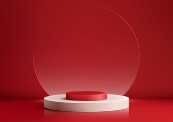 3D realistic mockup display empty white and red podium platform with transparent glass circle backdrop minimal wall scene red background. Use for beauty cosmetic presentation, showcase, showroom