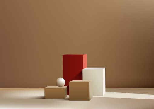 3D stack of boxes podium with a white ball on top against a brown wall background