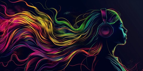 Woman with colorful flowing hair wearing headphones in an abstract art style