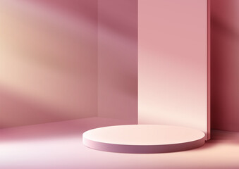 3D round pink podium with backdrop sits in a minimalist pink room with soft shadows