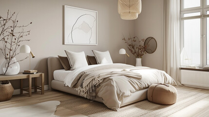 Scandinavian minimalist bedroom with a simple double bed, neutral colors, and a light birch wooden floor.
