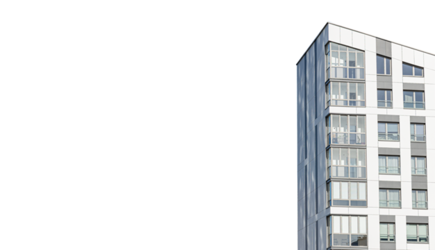 Contemporary multistory apartment building, new housing project. Urban real estate with modern design, isolated on white. Highrise condominium, window facade, architecture for city living, investment