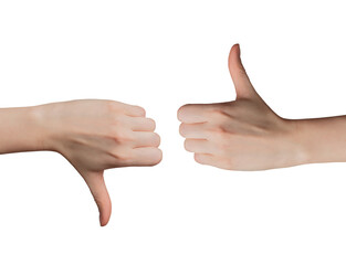 Customer feedback evaluation, thumbs up, thumbs down gestures. Approval and disapproval sign in...