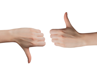Customer feedback evaluation, thumbs up, thumbs down gestures. Approval and disapproval sign in isolated white background. People choosing, social reputation concept with positive and negative symbols