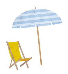 ビーチチェアとビーチパラソルの水彩画イラスト
