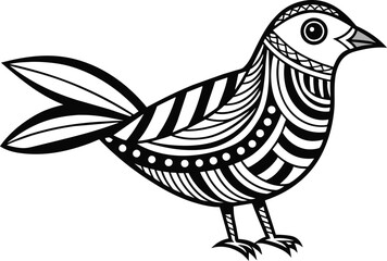 Patterned bird cute LINE ART, NO COLORS, BLACK AND WHITE FOR A Minimalist Adult Coloring Book for Relaxation and Mindfulness, vector art illustration