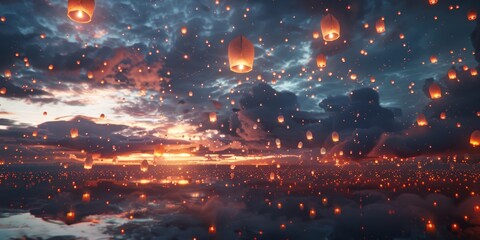 Countless wishing lanterns floating into the sky on Vesak Day