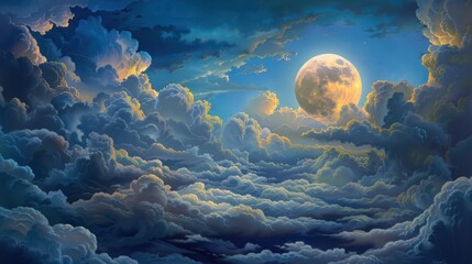 oil painting showcasing a luminous moon illuminating a dramatic panorama of billowing clouds, 