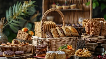 beautiful hampers with kaastengels, lidah kucing, semprit keju, cookies. AI Generative