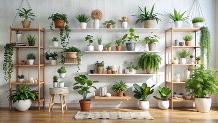 white home interior with houseplants on wooden shelf