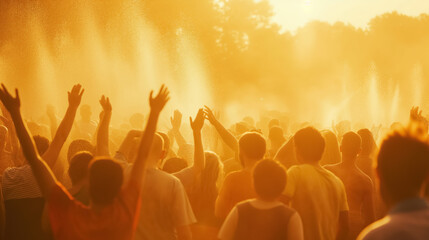 Fototapeta premium Crowd of people with their hands raised, enjoying a water spray under golden sunlight. The scene is warm and lively, creating a festive atmosphere.