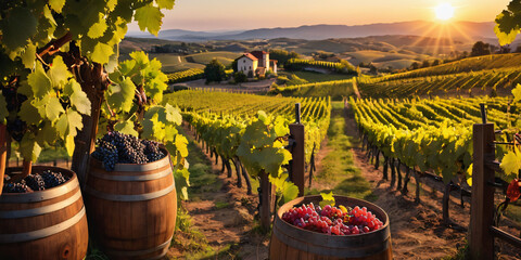 vineyard in region country . barrels with grapes