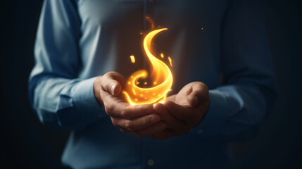 Person in a blue shirt holds a glowing flame in their cupped hands. The background is dark, highlighting the bright and mystical quality of the flame.