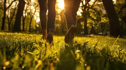 A couple's feet tracing a heart shape in the soft grass, 