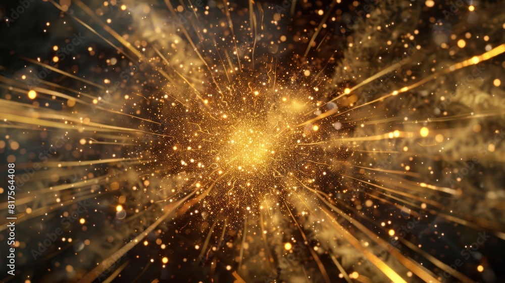 Poster golden particle explosion, with particles bursting forth from a central point