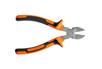Isolated pliers on white background, diagonal metal cutting tool. Insulated grip handle for...