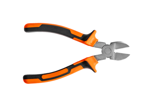 Isolated pliers on white background, diagonal metal cutting tool. Insulated grip handle for electrician, industrial work. Mechanical equipment for wire cutting, construction, repair.