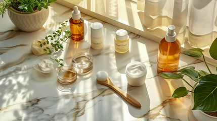 Skincare products arranged on a marble surface in natural light