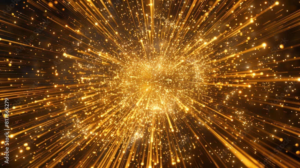Poster golden particle explosion, with particles bursting forth from a central point