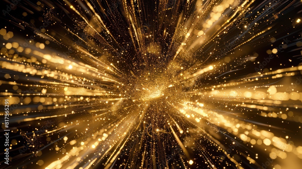 Poster golden particle explosion, with particles bursting forth from a central point