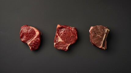 Intimate view of premium steak varieties, showcasing the unique characteristics of each cut, ideal for flavor distinction, isolated background