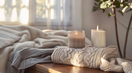A cozy knit sleep sweater in soft gray, displayed on a wooden dresser beside a scented candle and a stack of fluffy pillows, creating a serene atmosphere for winding down before