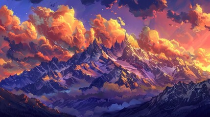 Fototapeta premium mountain range bathed in the warm hues of a fiery sunset, with snow-capped peaks glowing 