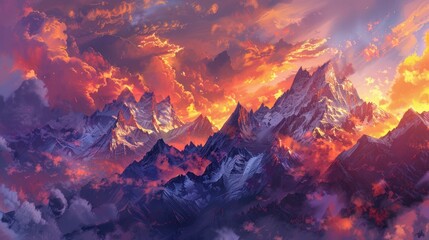 mountain range bathed in the warm hues of a fiery sunset, with snow-capped peaks glowing 
