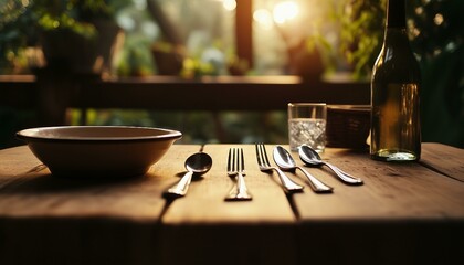 A wooden table filled with silverware including forks, knives, spoons, a bowl on the left side and two bottles at different positions on the right edge of the table. - Powered by Adobe