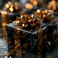 Black gift boxes with golden bow on dark background with bokeh.