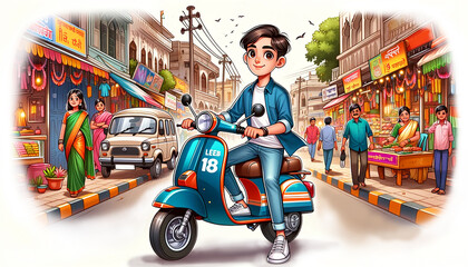 Fototapeta premium Indian boy is waiting on the scooter.