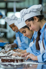 Three high school girls cooking in the cooking class at high school.  Wearing uniform and chef hat. Baking cake. Serious and focus. 