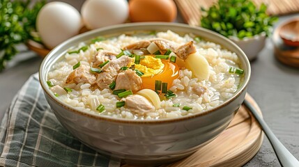 Arroz Caldo rice soup with chicken, garlic, onion and egg in a bowl. AI Generative
