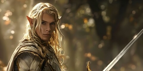 Blonde male Elf warrior wields magical sword in enchanted forest setting. Concept Fantasy, Elf Warrior, Magical Sword, Enchanted Forest, Blonde Male