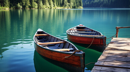 Obraz premium two wooden boat in river lake, activity on holiday and vacation