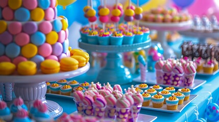 Colorful Dessert Table with Cakes and Pastries