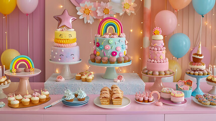 Colorful Birthday Dessert Table with Rainbow Cakes and Decoratio