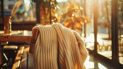 A cozy oversized knit sweater in a soft pastel shade, casually draped over the back of a wooden bench in a sunlit corner of a cozy cafe, inviting relaxation and comfort on a chilly day.