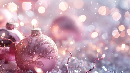 Soft Pink Holiday Magic: Design a magical holiday background with soft pink tones, featuring twinkling lights, shimmering ornaments, and a touch of holiday enchantment in a portrait format. 